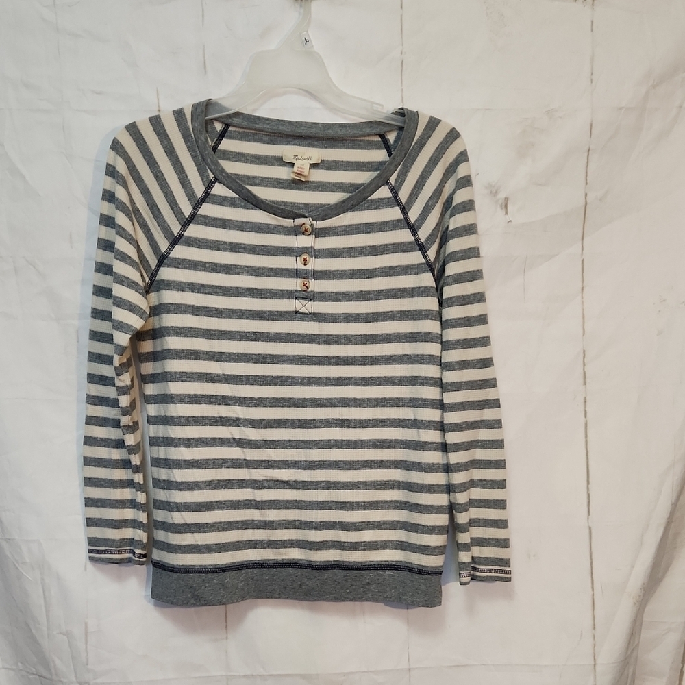 Madewell Striped Gray and Cream Long Sleeve Henley Button Front Top